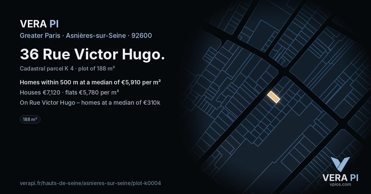 36 Rue Victor Hugo, Asnières-sur-Seine at night – the plot lit, the parcels around coloured by the prices near them