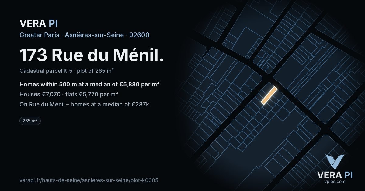 173 Rue du Ménil, Asnières-sur-Seine at night – the plot lit, the parcels around coloured by the prices near them