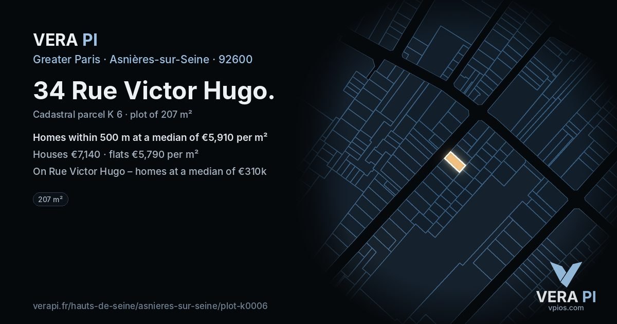 34 Rue Victor Hugo, Asnières-sur-Seine at night – the plot lit, the parcels around coloured by the prices near them