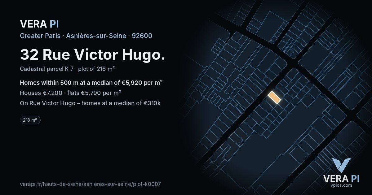 32 Rue Victor Hugo, Asnières-sur-Seine at night – the plot lit, the parcels around coloured by the prices near them