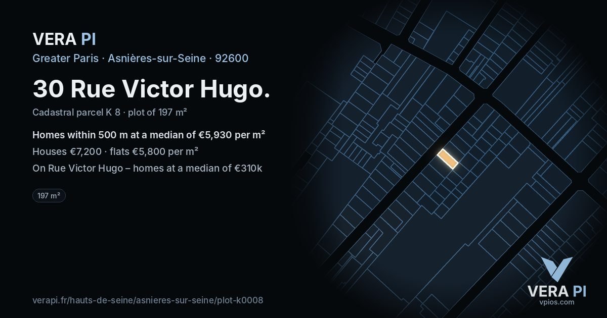 30 Rue Victor Hugo, Asnières-sur-Seine at night – the plot lit, the parcels around coloured by the prices near them