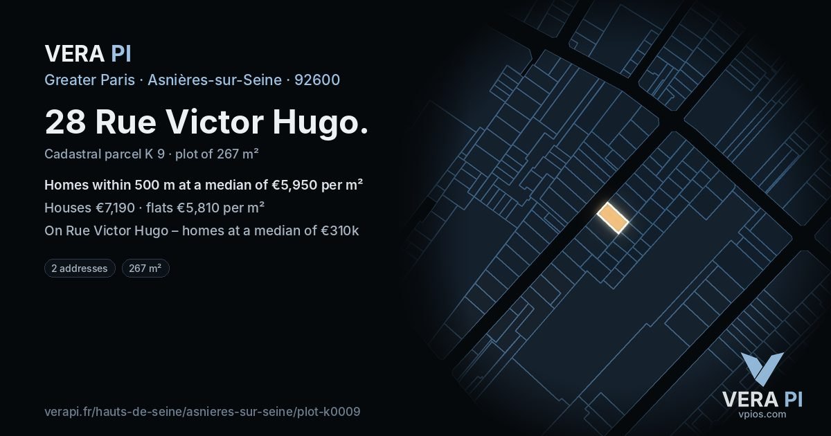 28 Rue Victor Hugo, Asnières-sur-Seine at night – the plot lit, the parcels around coloured by the prices near them