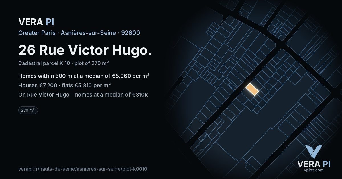 26 Rue Victor Hugo, Asnières-sur-Seine at night – the plot lit, the parcels around coloured by the prices near them