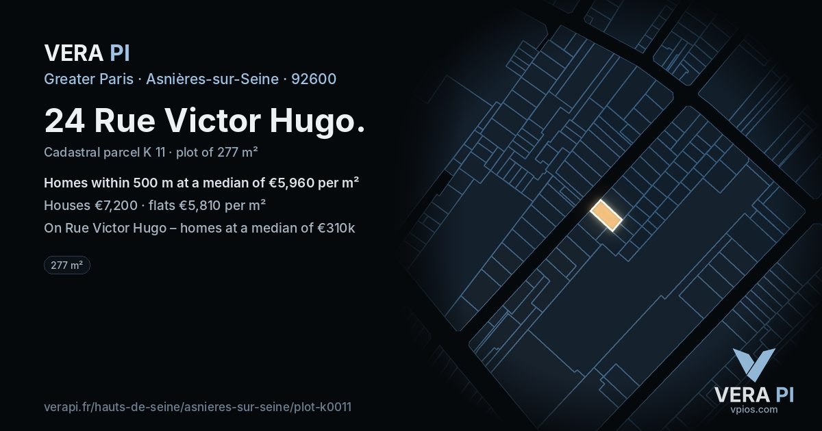 24 Rue Victor Hugo, Asnières-sur-Seine at night – the plot lit, the parcels around coloured by the prices near them