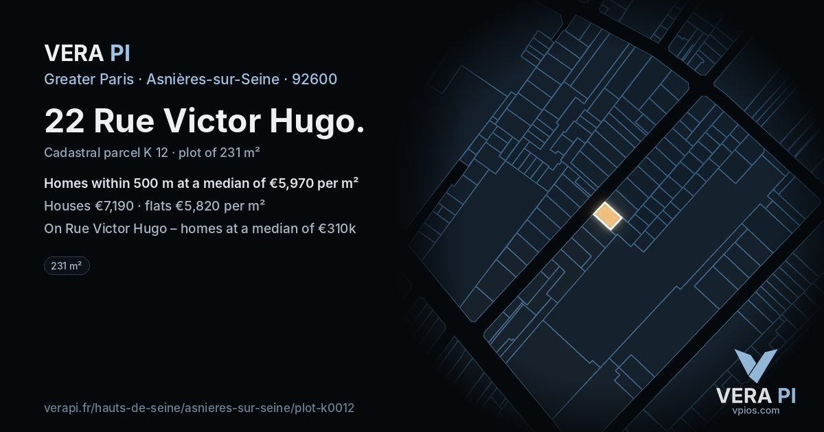 22 Rue Victor Hugo, Asnières-sur-Seine at night – the plot lit, the parcels around coloured by the prices near them