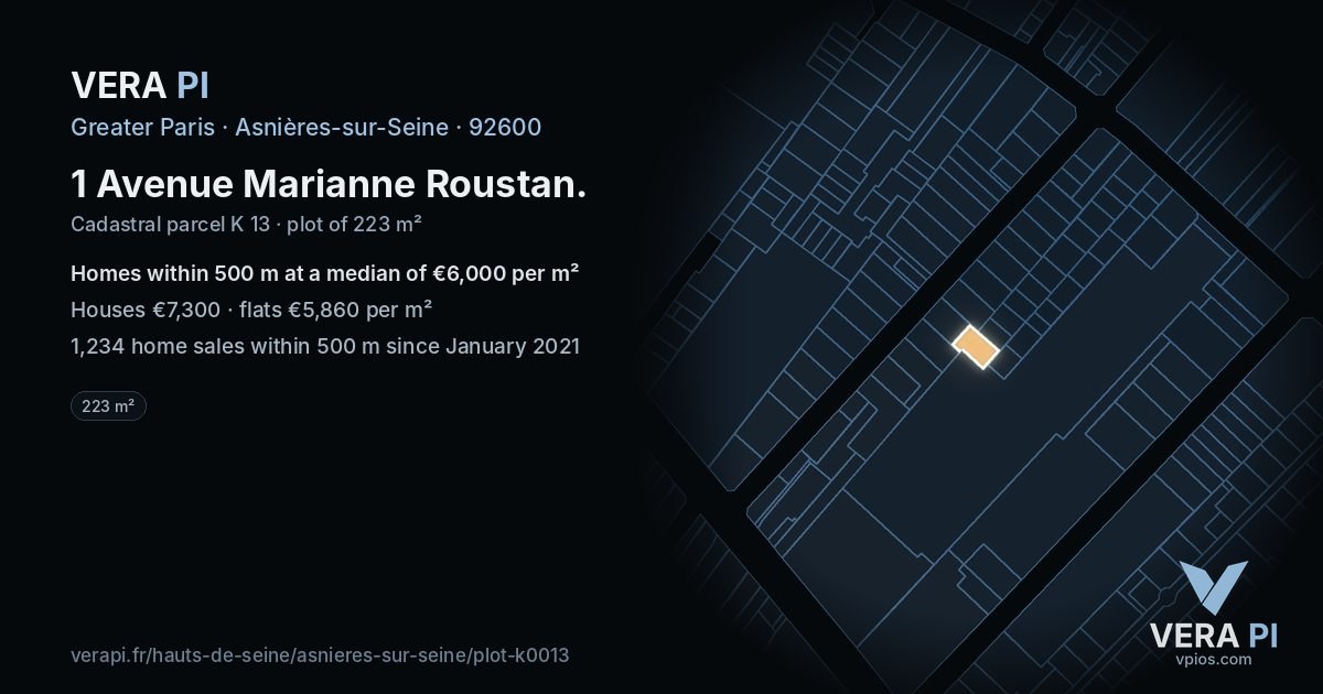 1 Avenue Marianne Roustan, Asnières-sur-Seine at night – the plot lit, the parcels around coloured by the prices near them