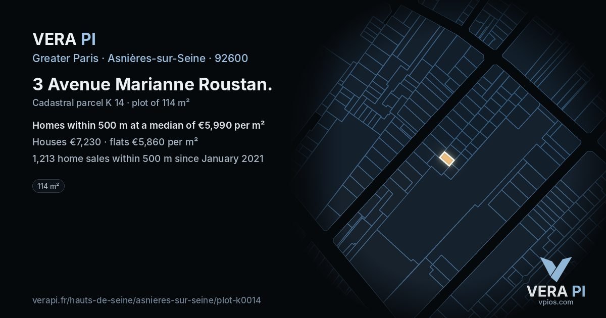 3 Avenue Marianne Roustan, Asnières-sur-Seine at night – the plot lit, the parcels around coloured by the prices near them