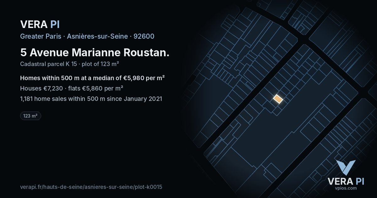 5 Avenue Marianne Roustan, Asnières-sur-Seine at night – the plot lit, the parcels around coloured by the prices near them