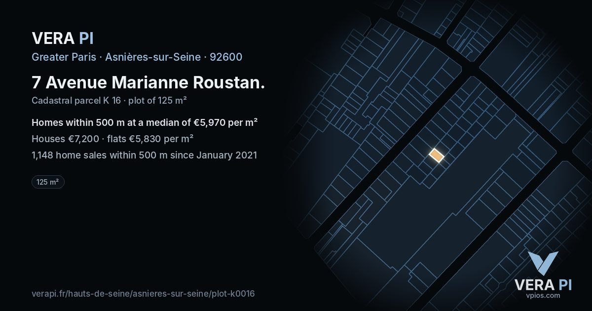 7 Avenue Marianne Roustan, Asnières-sur-Seine at night – the plot lit, the parcels around coloured by the prices near them