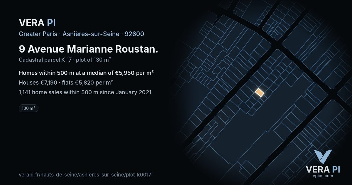 9 Avenue Marianne Roustan, Asnières-sur-Seine at night – the plot lit, the parcels around coloured by the prices near them