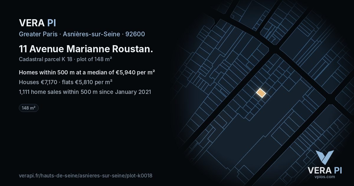 11 Avenue Marianne Roustan, Asnières-sur-Seine at night – the plot lit, the parcels around coloured by the prices near them