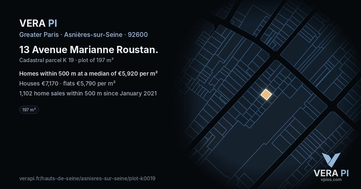 13 Avenue Marianne Roustan, Asnières-sur-Seine at night – the plot lit, the parcels around coloured by the prices near them