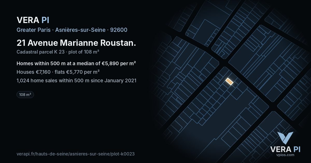 21 Avenue Marianne Roustan, Asnières-sur-Seine at night – the plot lit, the parcels around coloured by the prices near them