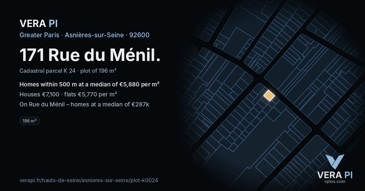 171 Rue du Ménil, Asnières-sur-Seine at night – the plot lit, the parcels around coloured by the prices near them