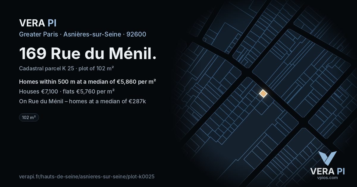 169 Rue du Ménil, Asnières-sur-Seine at night – the plot lit, the parcels around coloured by the prices near them