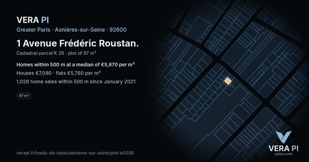 1 Avenue Frédéric Roustan, Asnières-sur-Seine at night – the plot lit, the parcels around coloured by the prices near them