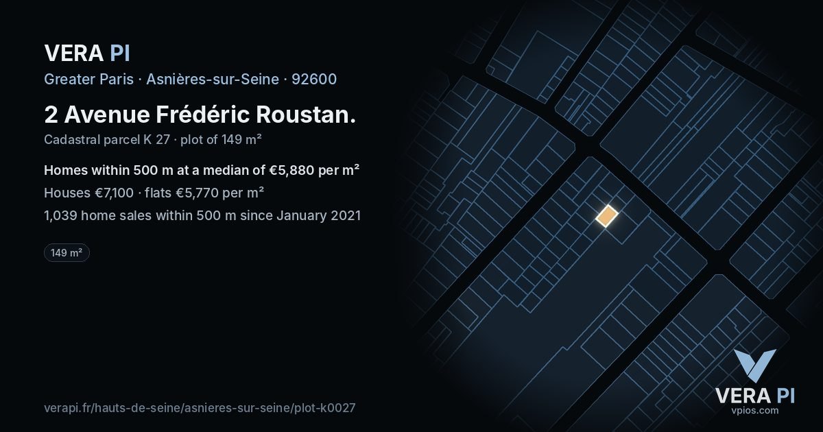 2 Avenue Frédéric Roustan, Asnières-sur-Seine at night – the plot lit, the parcels around coloured by the prices near them