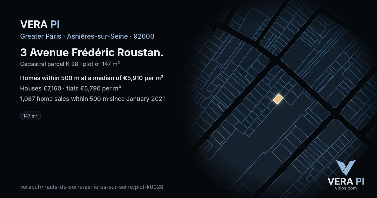 3 Avenue Frédéric Roustan, Asnières-sur-Seine at night – the plot lit, the parcels around coloured by the prices near them