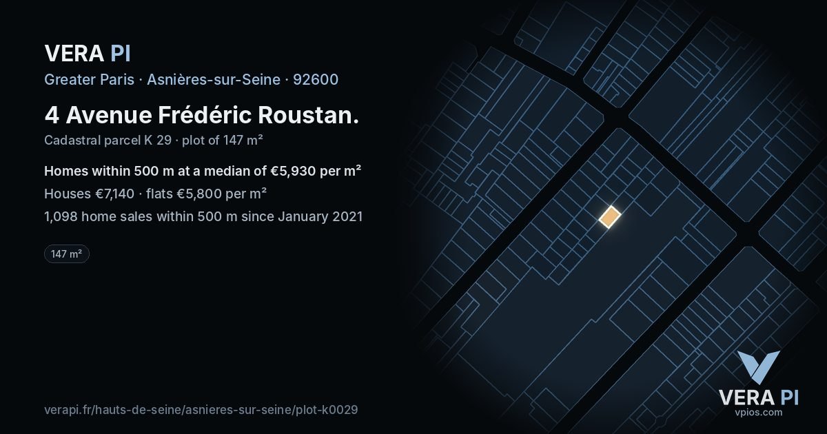 4 Avenue Frédéric Roustan, Asnières-sur-Seine at night – the plot lit, the parcels around coloured by the prices near them