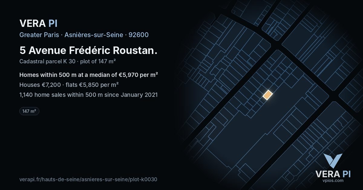 5 Avenue Frédéric Roustan, Asnières-sur-Seine at night – the plot lit, the parcels around coloured by the prices near them