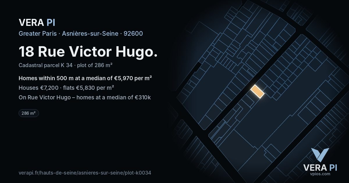 18 Rue Victor Hugo, Asnières-sur-Seine at night – the plot lit, the parcels around coloured by the prices near them
