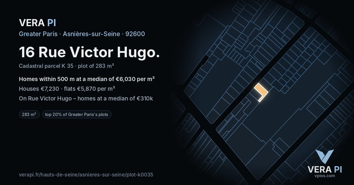 16 Rue Victor Hugo, Asnières-sur-Seine at night – the plot lit, the parcels around coloured by the prices near them