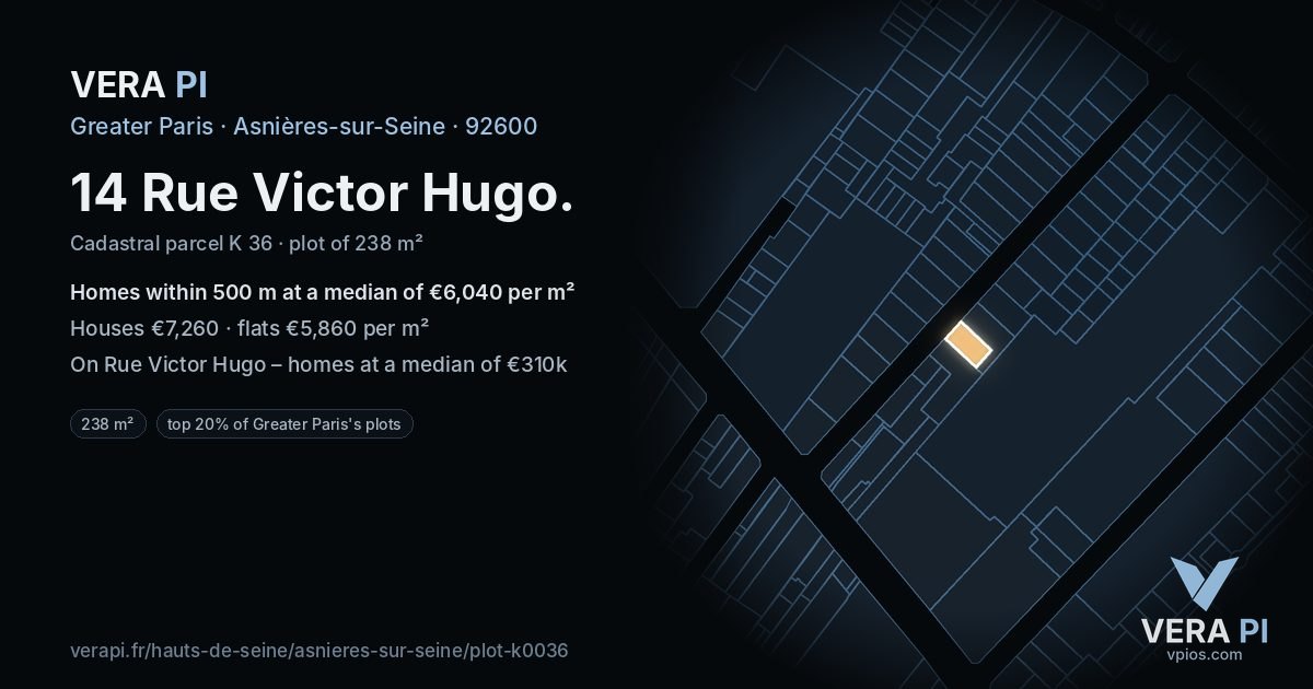 14 Rue Victor Hugo, Asnières-sur-Seine at night – the plot lit, the parcels around coloured by the prices near them