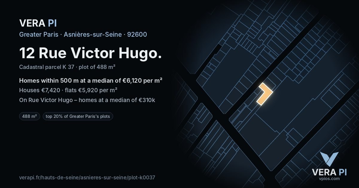 12 Rue Victor Hugo, Asnières-sur-Seine at night – the plot lit, the parcels around coloured by the prices near them