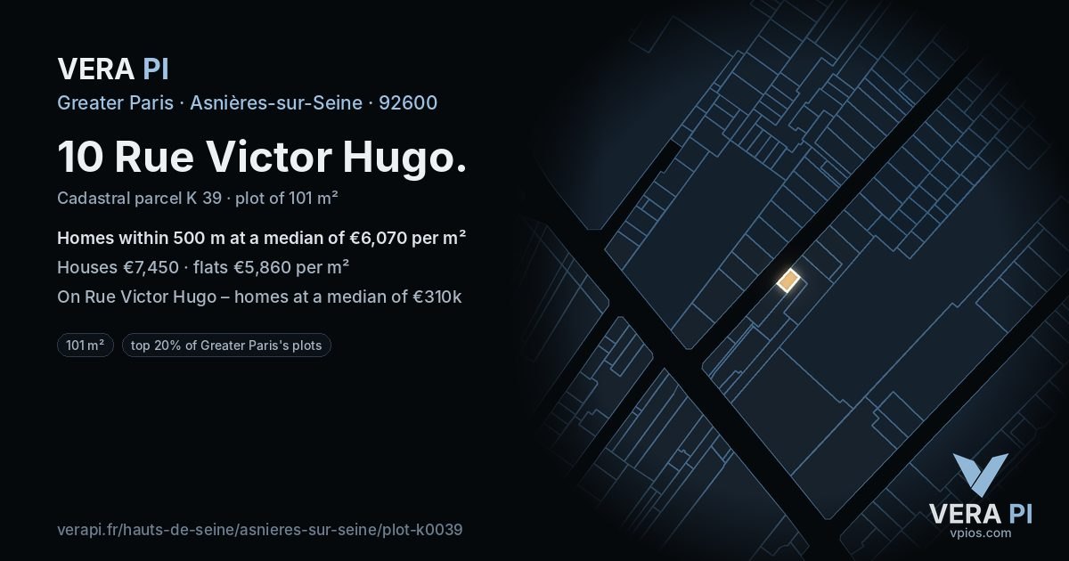 10 Rue Victor Hugo, Asnières-sur-Seine at night – the plot lit, the parcels around coloured by the prices near them