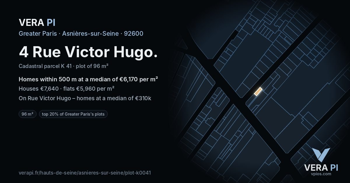 4 Rue Victor Hugo, Asnières-sur-Seine at night – the plot lit, the parcels around coloured by the prices near them
