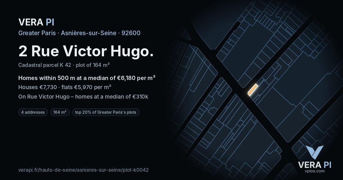 2 Rue Victor Hugo, Asnières-sur-Seine at night – the plot lit, the parcels around coloured by the prices near them