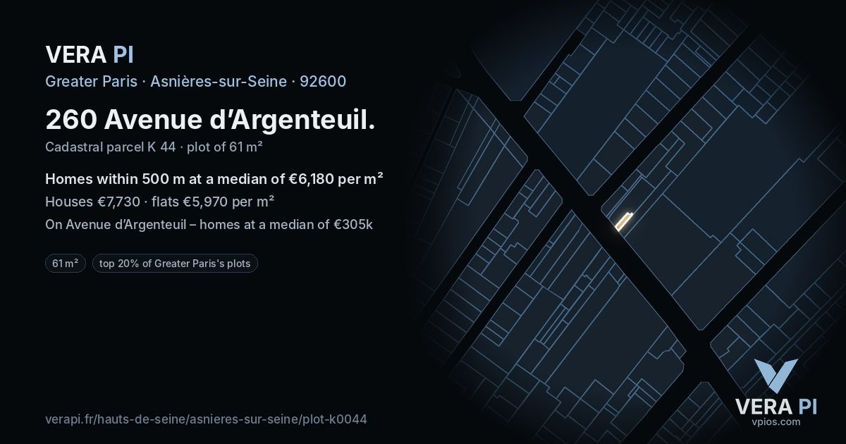 260 Avenue d’Argenteuil, Asnières-sur-Seine at night – the plot lit, the parcels around coloured by the prices near them