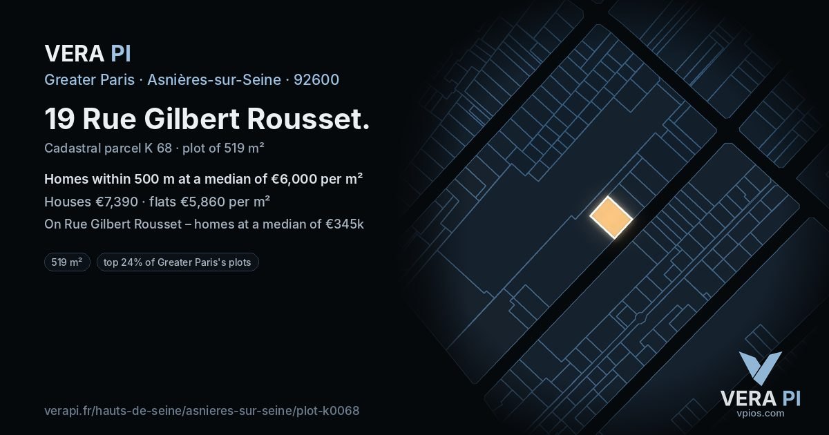 19 Rue Gilbert Rousset, Asnières-sur-Seine at night – the plot lit, the parcels around coloured by the prices near them
