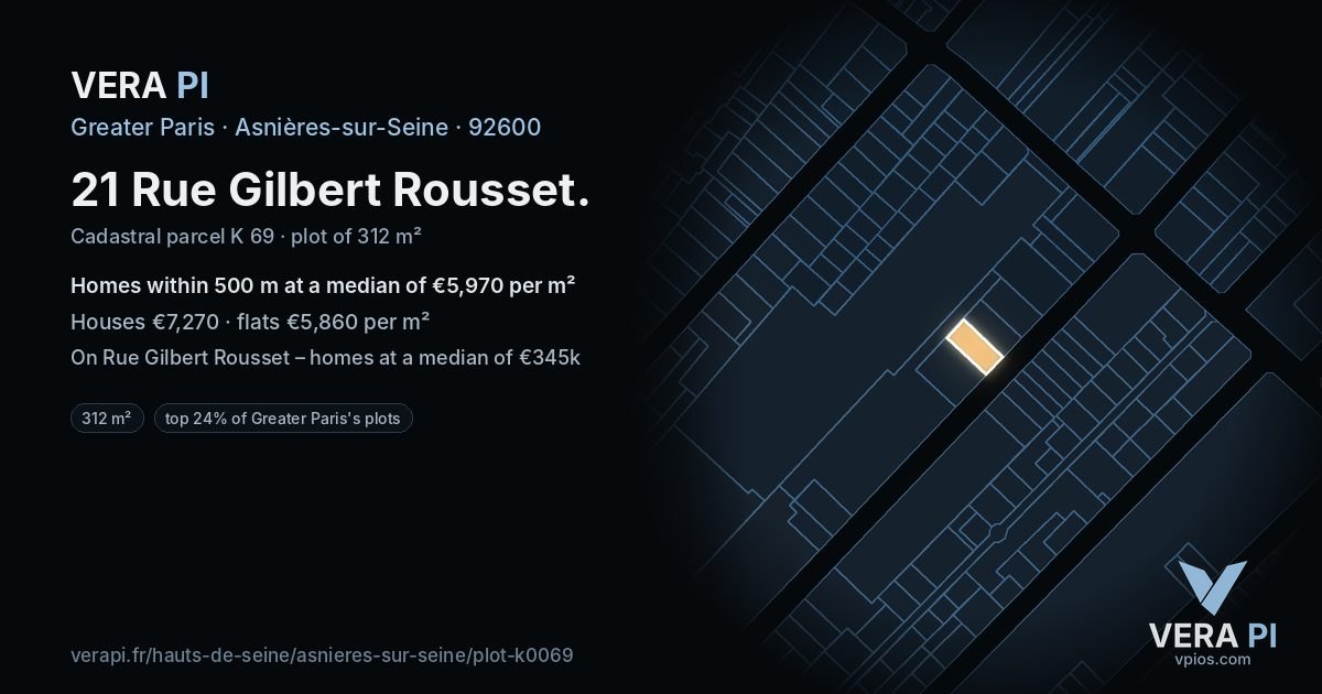 21 Rue Gilbert Rousset, Asnières-sur-Seine at night – the plot lit, the parcels around coloured by the prices near them