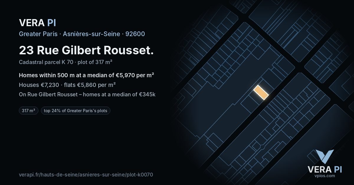 23 Rue Gilbert Rousset, Asnières-sur-Seine at night – the plot lit, the parcels around coloured by the prices near them