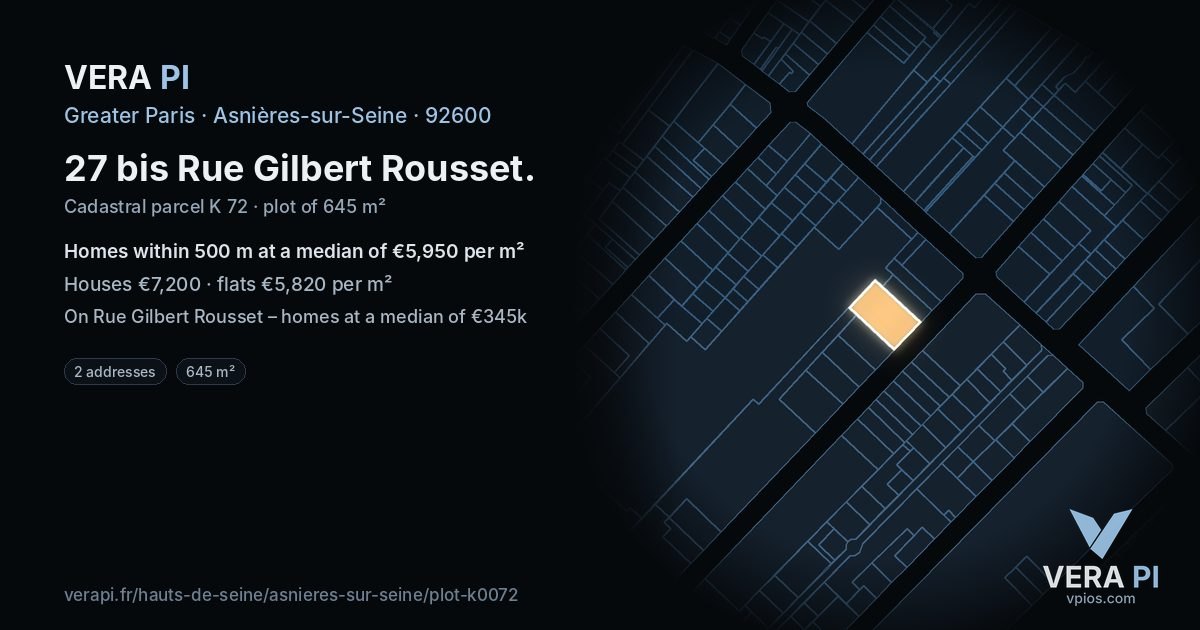 27 bis Rue Gilbert Rousset, Asnières-sur-Seine at night – the plot lit, the parcels around coloured by the prices near them