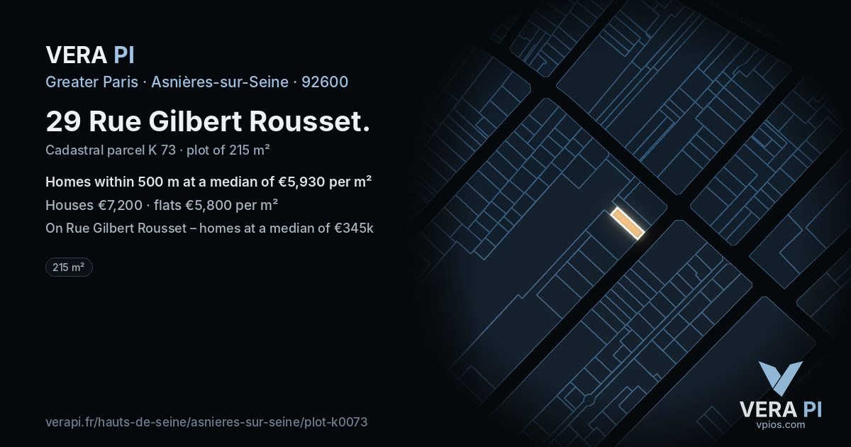 29 Rue Gilbert Rousset, Asnières-sur-Seine at night – the plot lit, the parcels around coloured by the prices near them