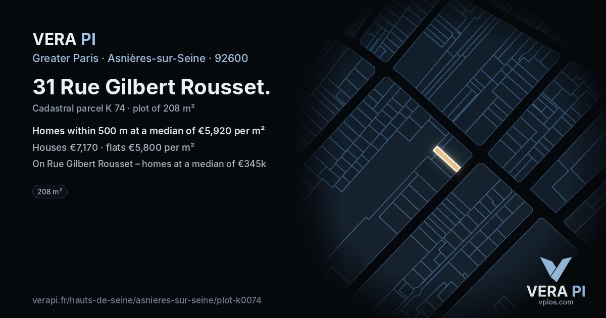 31 Rue Gilbert Rousset, Asnières-sur-Seine at night – the plot lit, the parcels around coloured by the prices near them