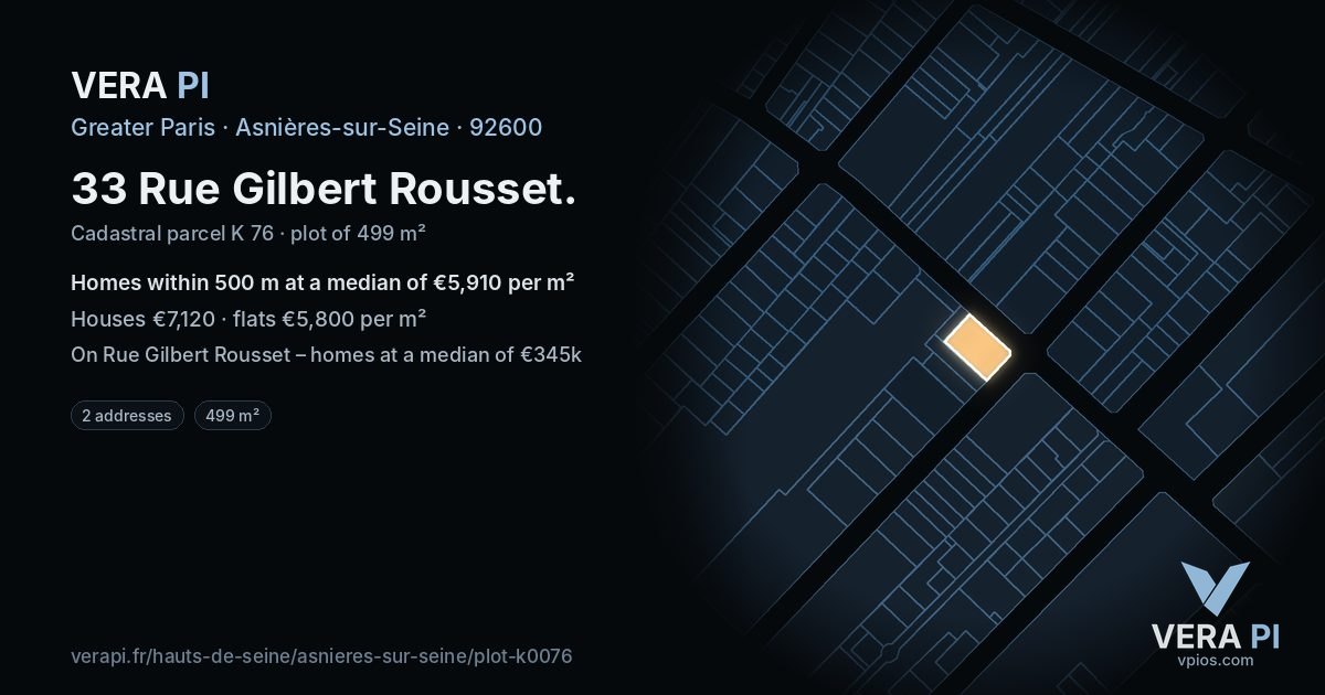 33 Rue Gilbert Rousset, Asnières-sur-Seine at night – the plot lit, the parcels around coloured by the prices near them