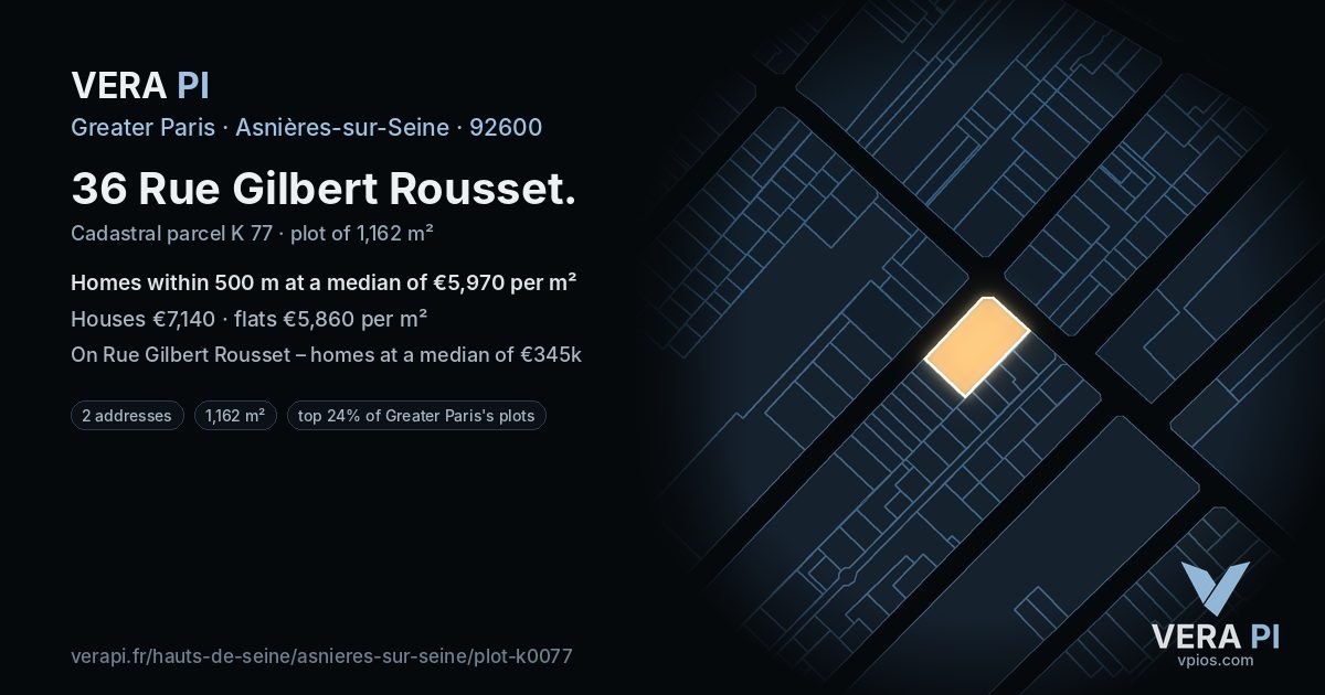 36 Rue Gilbert Rousset, Asnières-sur-Seine at night – the plot lit, the parcels around coloured by the prices near them