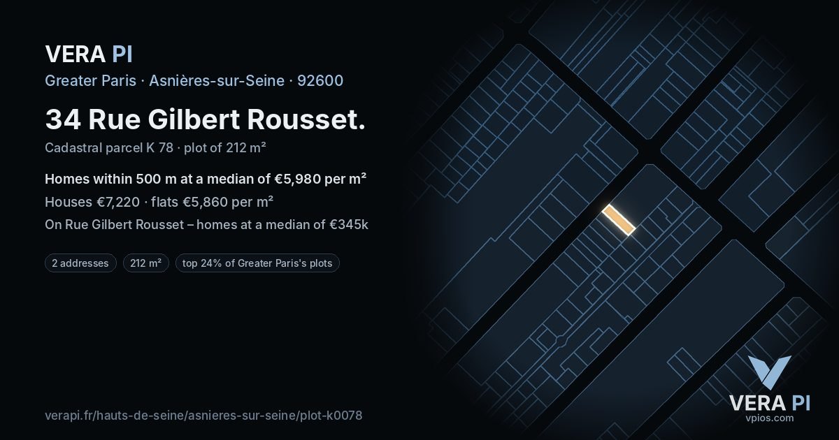 34 Rue Gilbert Rousset, Asnières-sur-Seine at night – the plot lit, the parcels around coloured by the prices near them