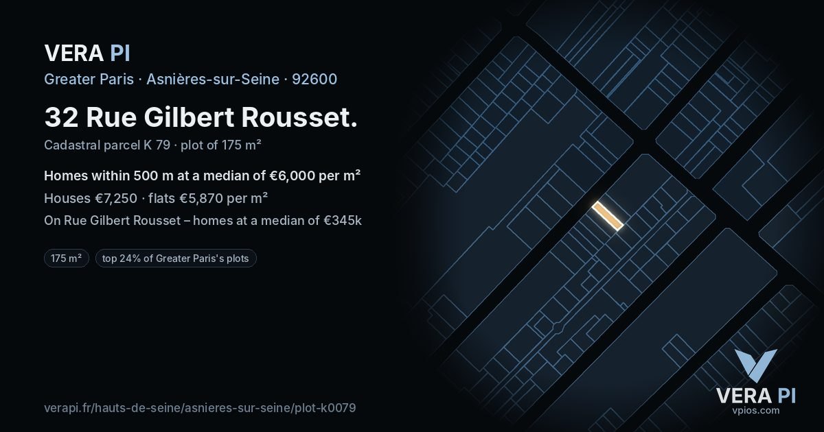 32 Rue Gilbert Rousset, Asnières-sur-Seine at night – the plot lit, the parcels around coloured by the prices near them
