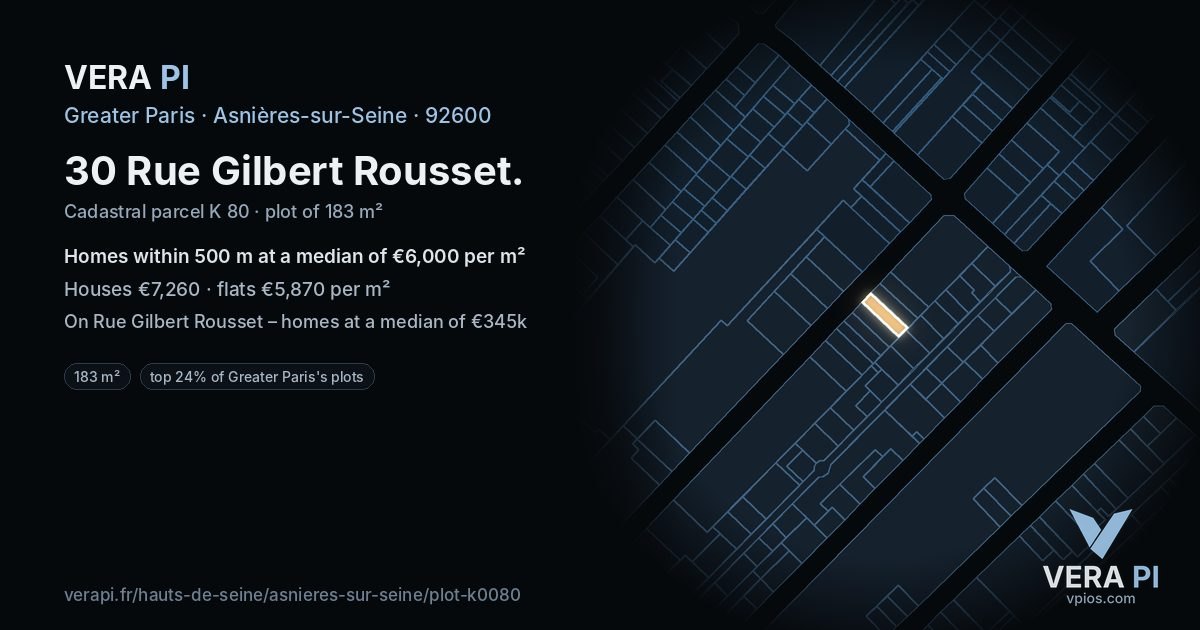 30 Rue Gilbert Rousset, Asnières-sur-Seine at night – the plot lit, the parcels around coloured by the prices near them