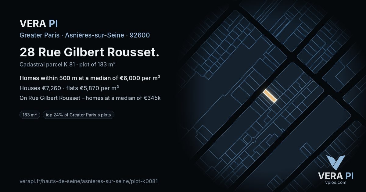 28 Rue Gilbert Rousset, Asnières-sur-Seine at night – the plot lit, the parcels around coloured by the prices near them