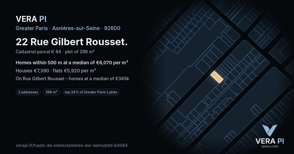 22 Rue Gilbert Rousset, Asnières-sur-Seine at night – the plot lit, the parcels around coloured by the prices near them