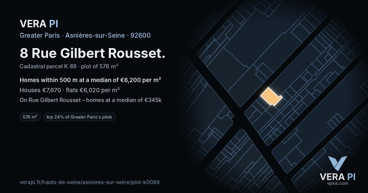 8 Rue Gilbert Rousset, Asnières-sur-Seine at night – the plot lit, the parcels around coloured by the prices near them