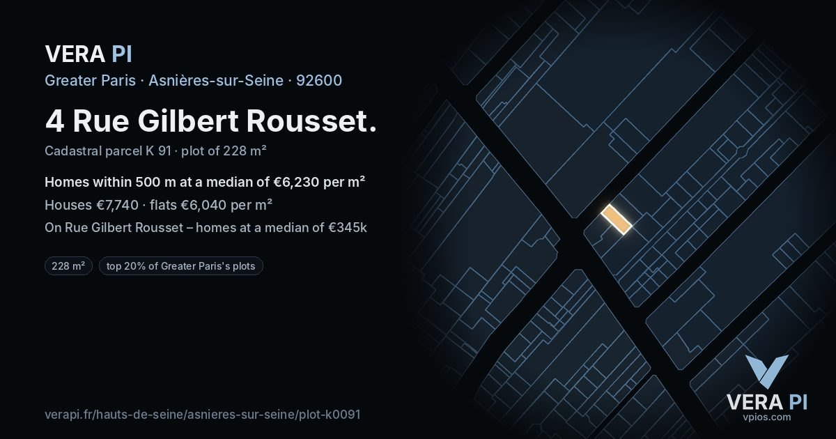 4 Rue Gilbert Rousset, Asnières-sur-Seine at night – the plot lit, the parcels around coloured by the prices near them