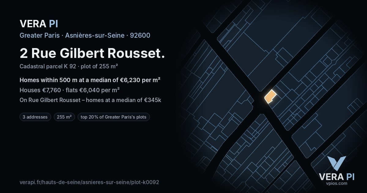 2 Rue Gilbert Rousset, Asnières-sur-Seine at night – the plot lit, the parcels around coloured by the prices near them