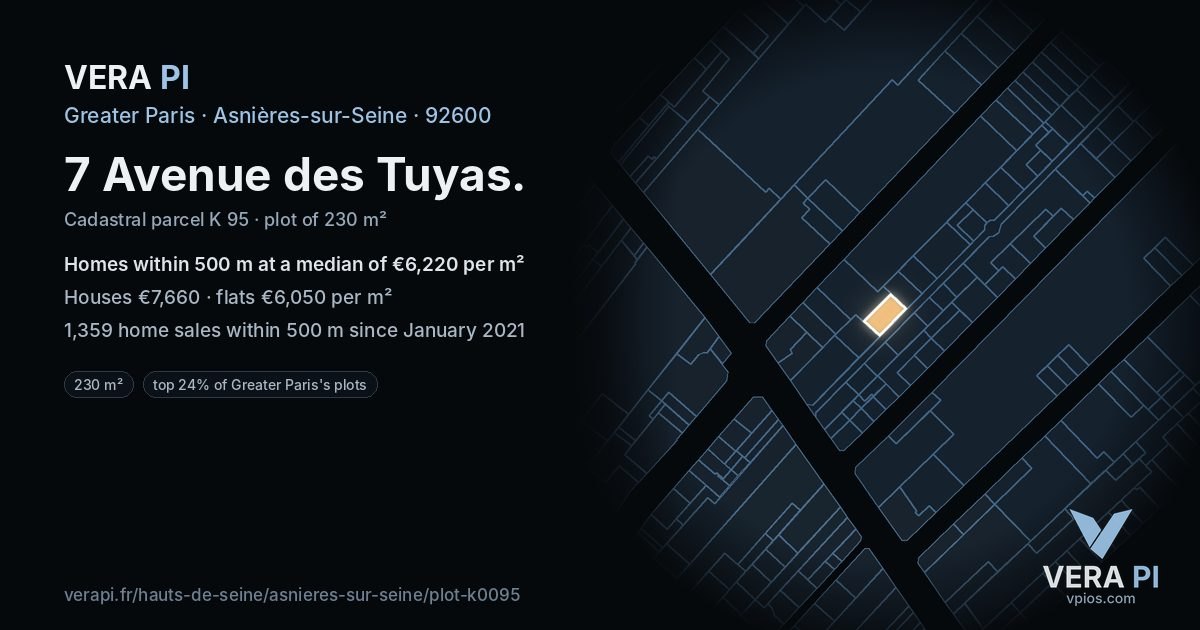 7 Avenue des Tuyas, Asnières-sur-Seine at night – the plot lit, the parcels around coloured by the prices near them