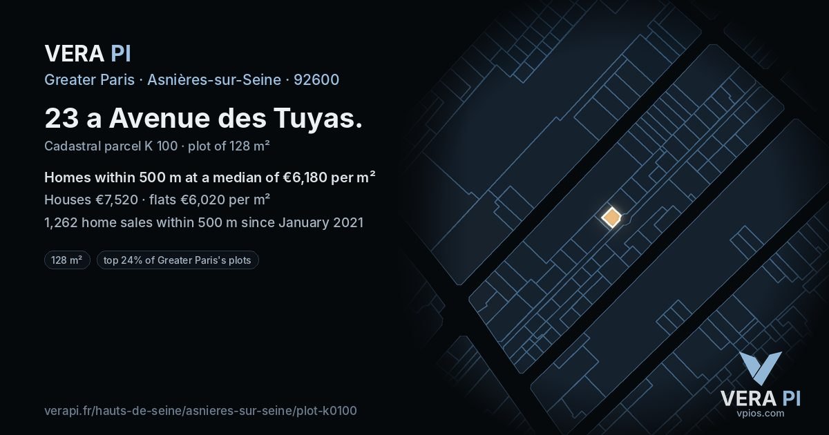 23 a Avenue des Tuyas, Asnières-sur-Seine at night – the plot lit, the parcels around coloured by the prices near them